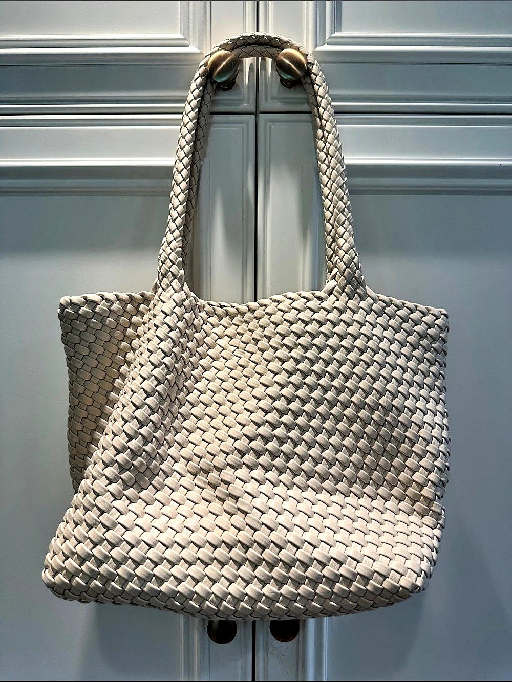 Woven Tote Bag White/Cream. Approx. 16”w x 11”h.